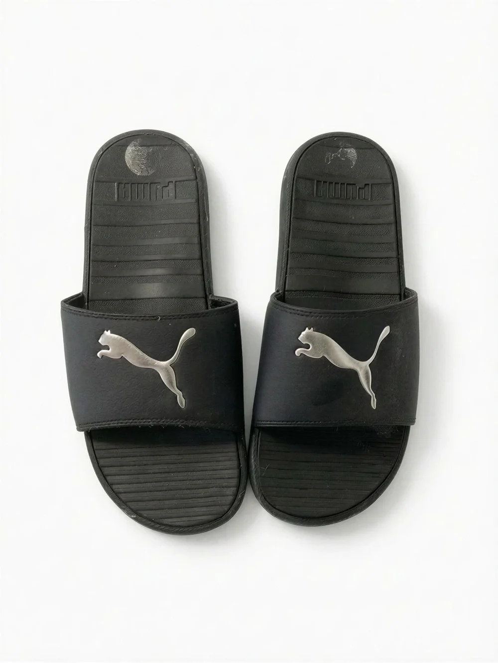 Puma Black Slides with Silver Puma Logo